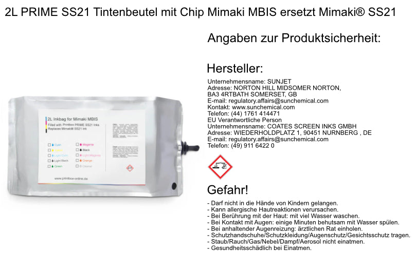 2L PRIME SS21 ink bag with chip Mimaki MBIS replaces Mimaki® SS21