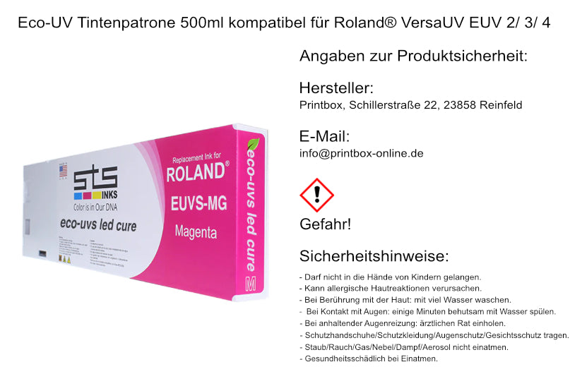 Eco-UV Tintenpatrone 500ml kompatibel für Roland® VersaUV EUV 2/ 3/ 4