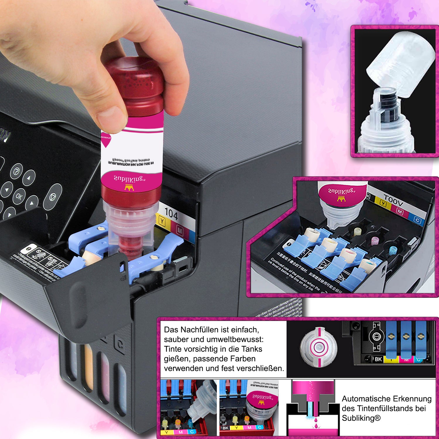 70ml Subliking® sublimation inks for all Epson® EcoTank printers with adapter