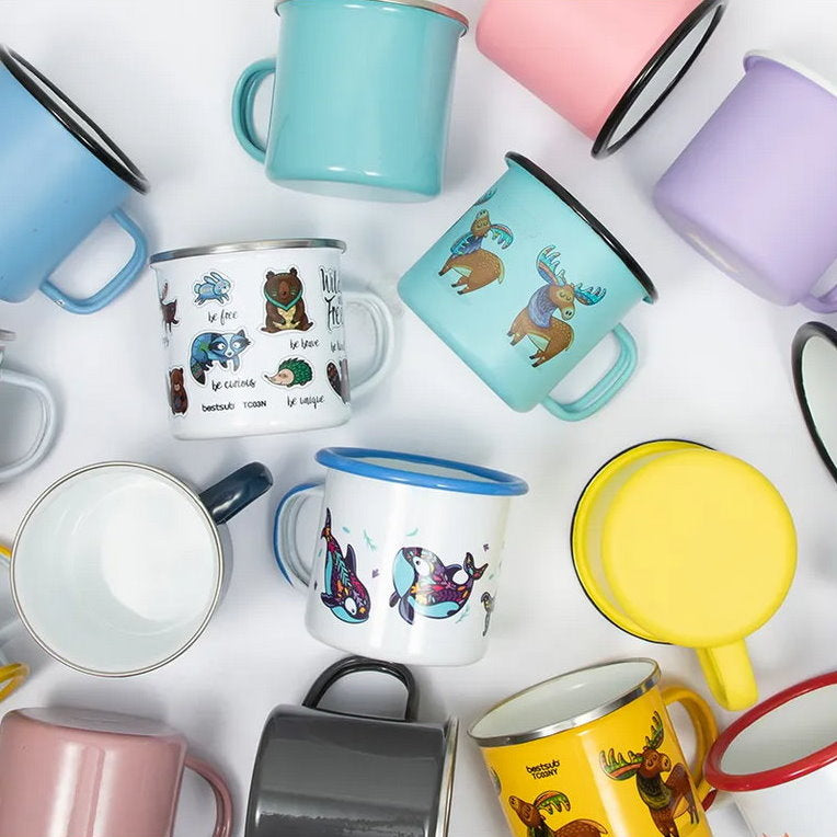 12oz enamel mugs with black rim for sublimation in pastel colors