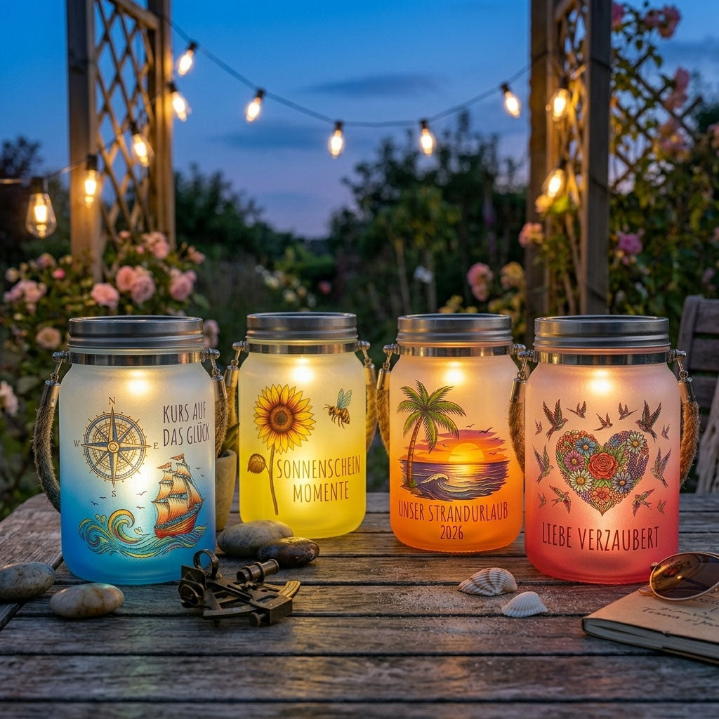 Sonnenglas Tischlampe aus Glas mit Solarmodul und LED - bedruckbar