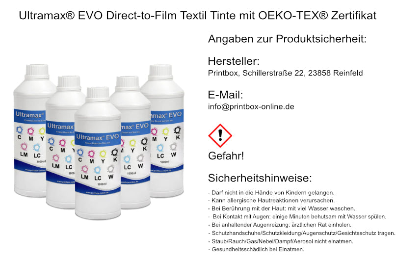 Ultramax® EVO DTF Tinte / Textil Tinte mit OEKO-TEX® Zertifikat