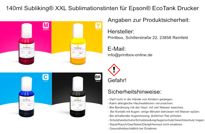 140ml Subliking® XXL Sublimationstinten für Epson® EcoTank Drucker mit Adapter