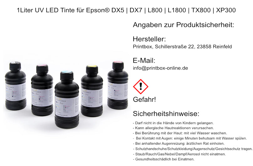 1Liter UV LED Tinte für Epson® DX5 | DX7 | L800 | L1800 | TX800 | XP300