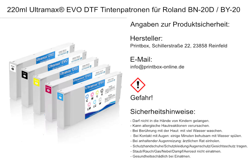 220ml Ultramax® EVO DTF Tintenpatronen für Roland BN-20D / BY-20