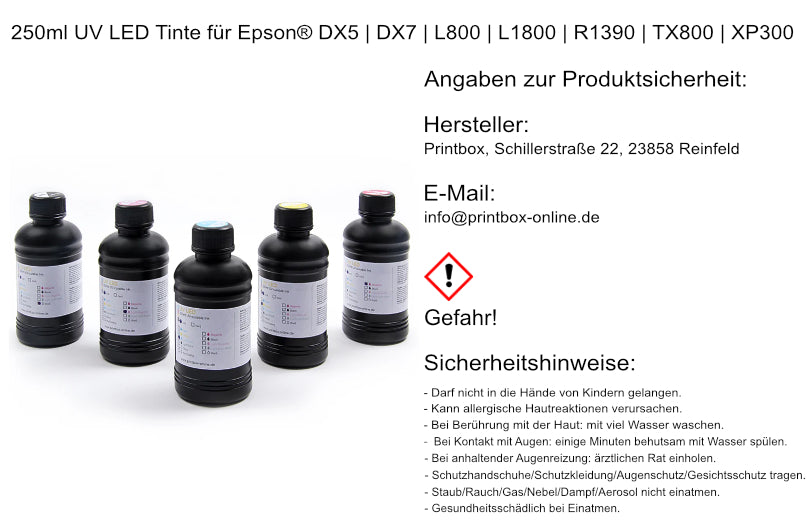 250ml UV LED Tinte für Epson® DX5 | DX7 | L800 | L1800 | R1390 | TX800 | XP300