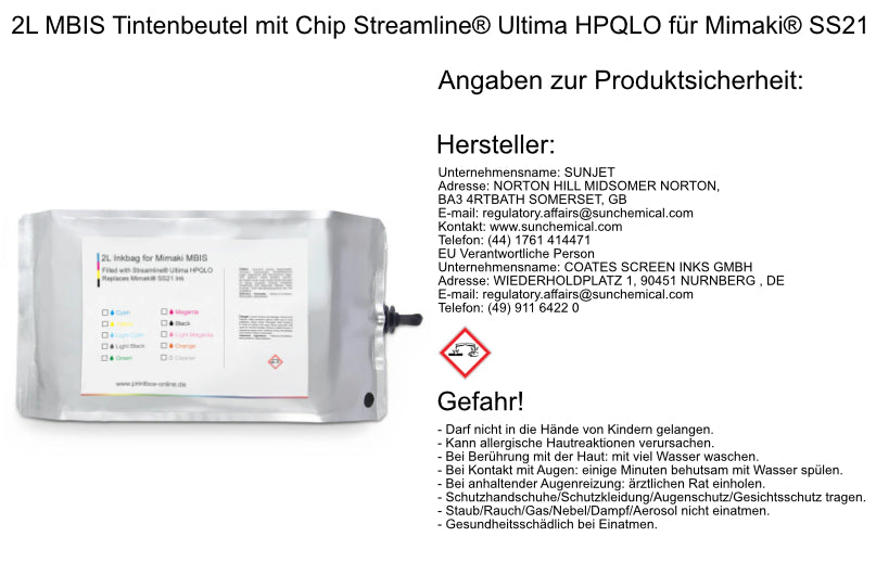 2L MBIS Tintenbeutel mit Chip Streamline® Ultima HPQLO für Mimaki® SS21