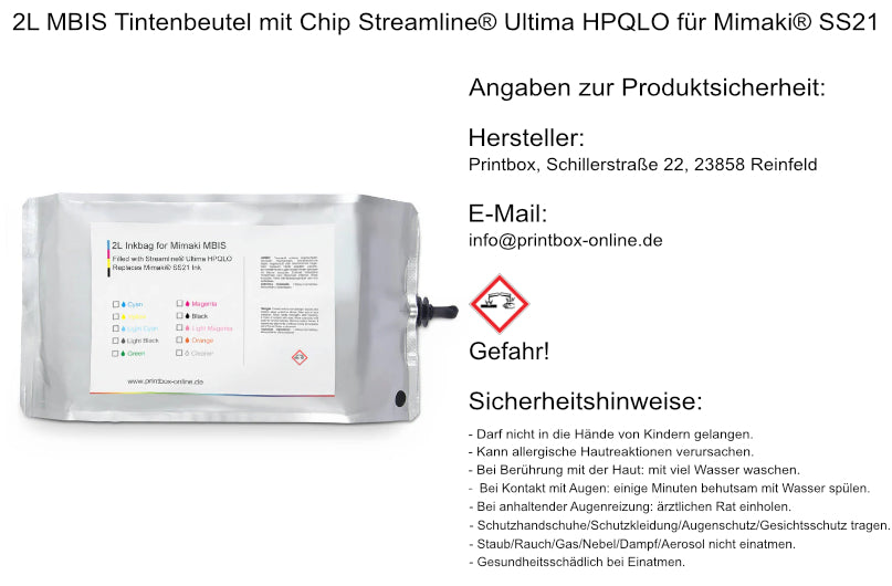 2L MBIS Tintenbeutel mit Chip Streamline® Ultima HPQLO für Mimaki® SS21