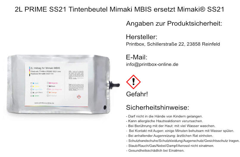 2L PRIME SS21 Tintenbeutel mit Chip Mimaki MBIS ersetzt Mimaki® SS21