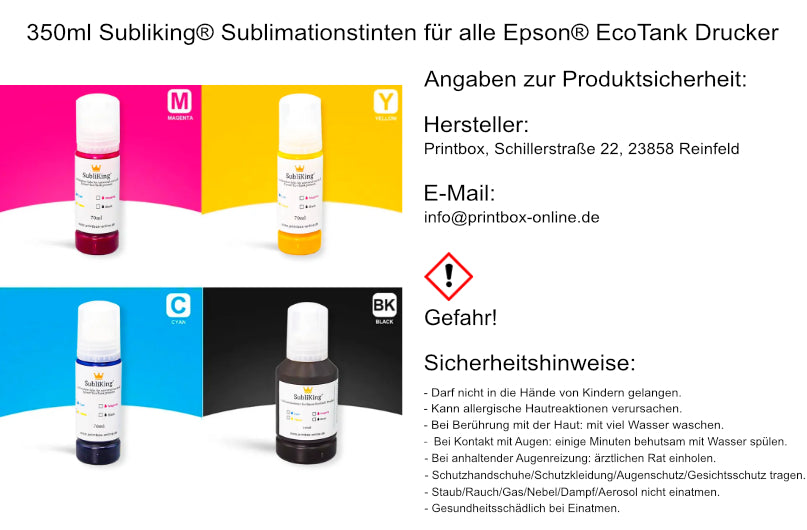 350ml Subliking® Sublimationstinten für alle Epson® EcoTank Drucker mit Adapter