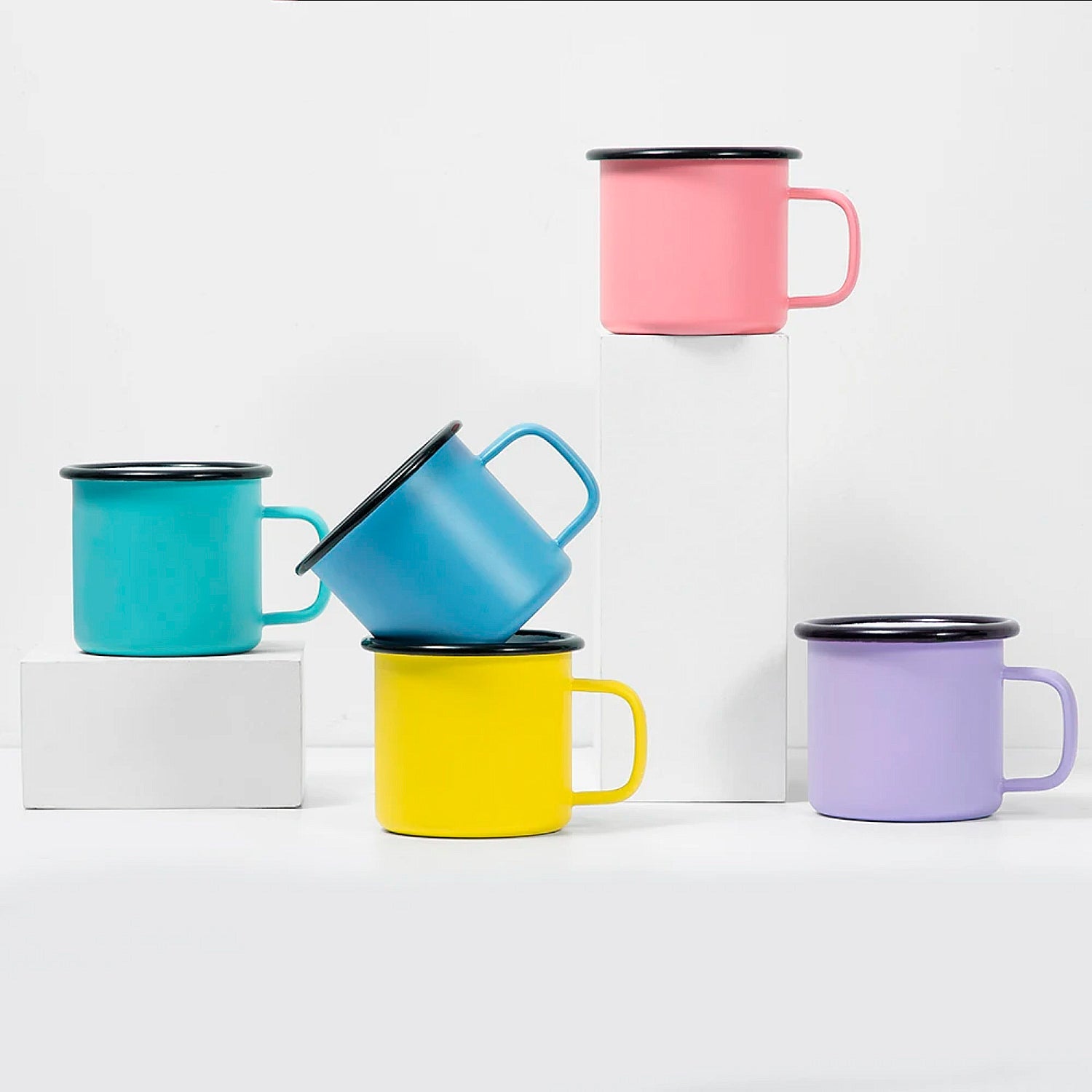12oz enamel mugs with black rim for sublimation in pastel colors 