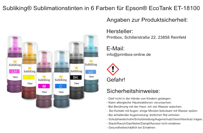 Subliking® Sublimationstinten in 6 Farben für Epson® EcoTank ET-18100