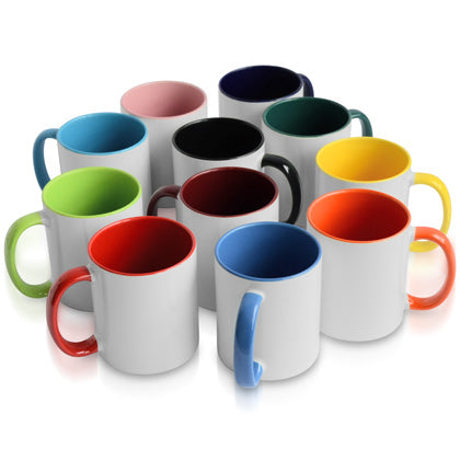 Two-tone cup colored inside and handle individually packed in white cardboard