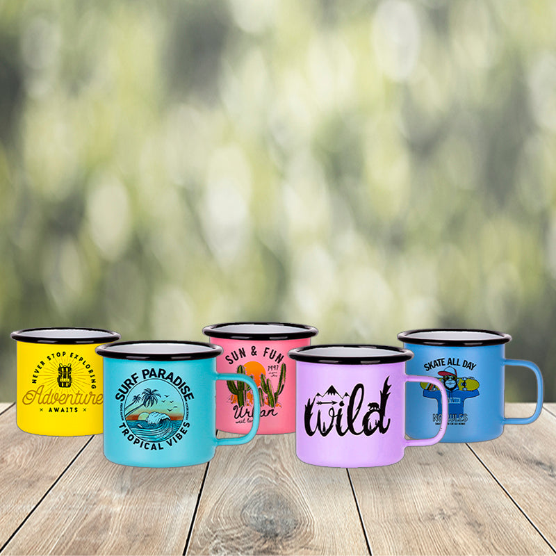 12oz enamel mugs with black rim for sublimation in pastel colors 