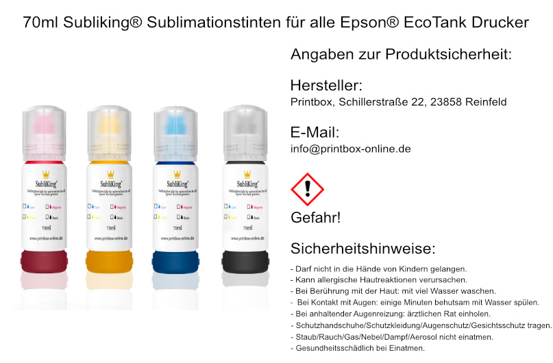 70ml Subliking® Sublimationstinten für alle Epson® EcoTank Drucker mit Adapter