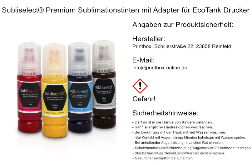 Subliselect® Premium sublimation inks with adapter for EcoTank printers