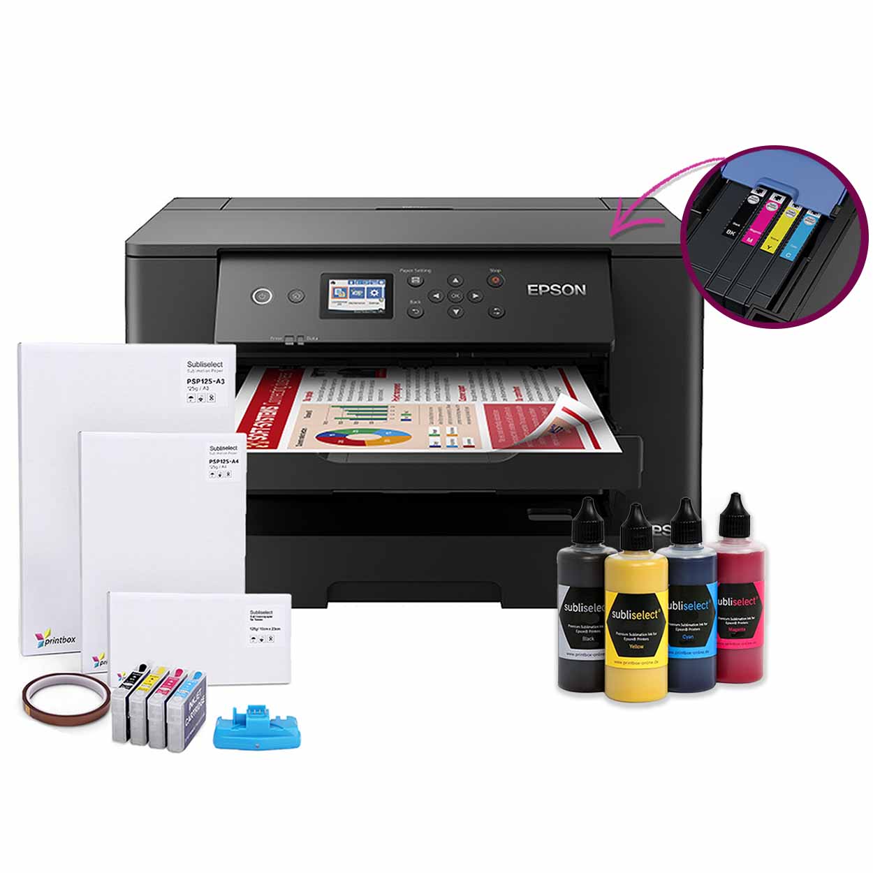 Sublimationsdrucker Epson® WORKFORCE DIN A3+ mit Subliselect® Nachfüllset